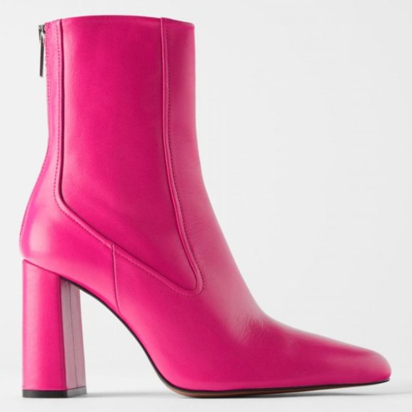 ZARA 100% LEATHER PINK HEELED ANKLE BOOTS